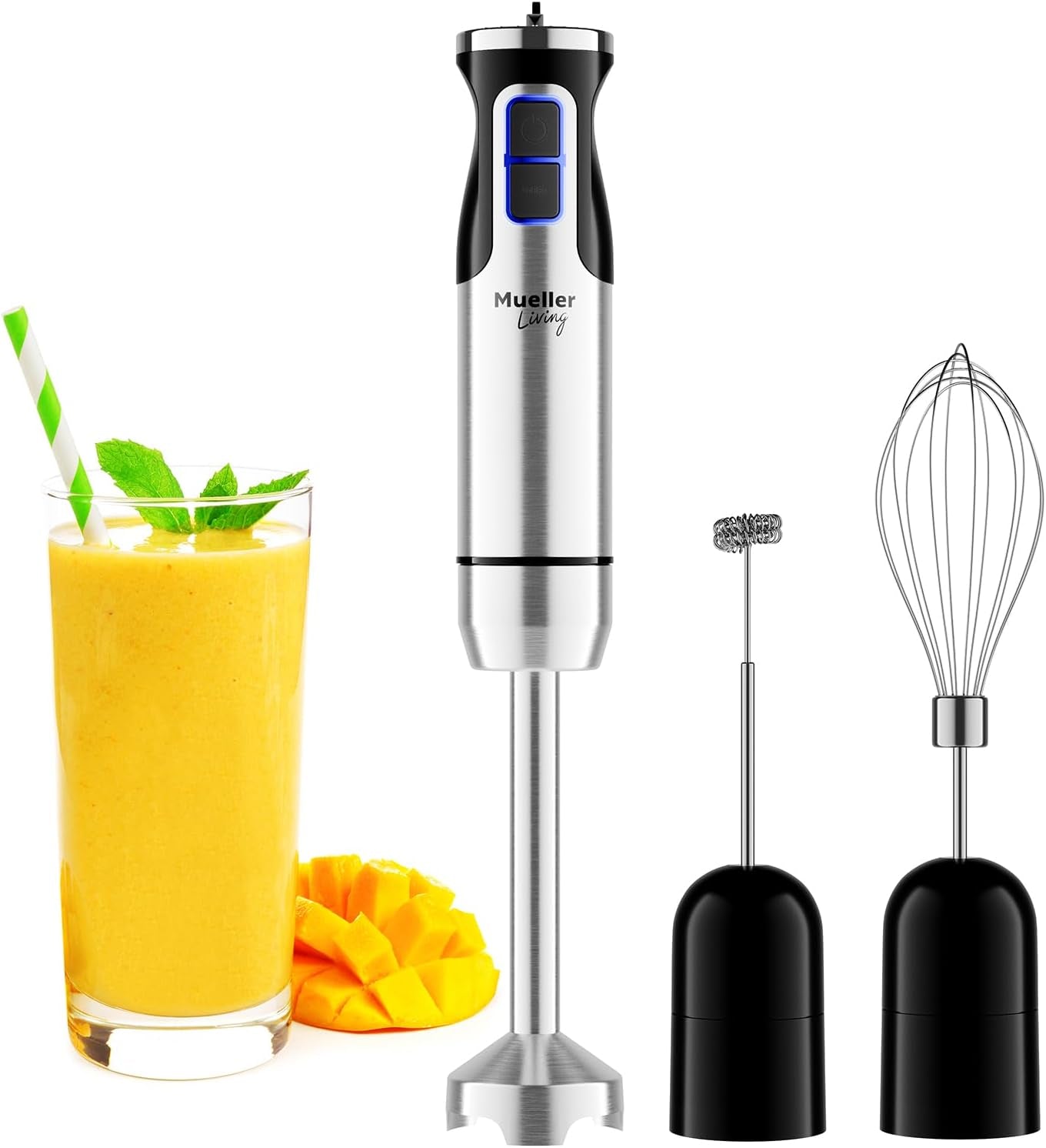 living Hand Blender, Immersion Blender, Hand Mixer with Attachments: Stainless Steel Blade, Whisk, Milk Frother