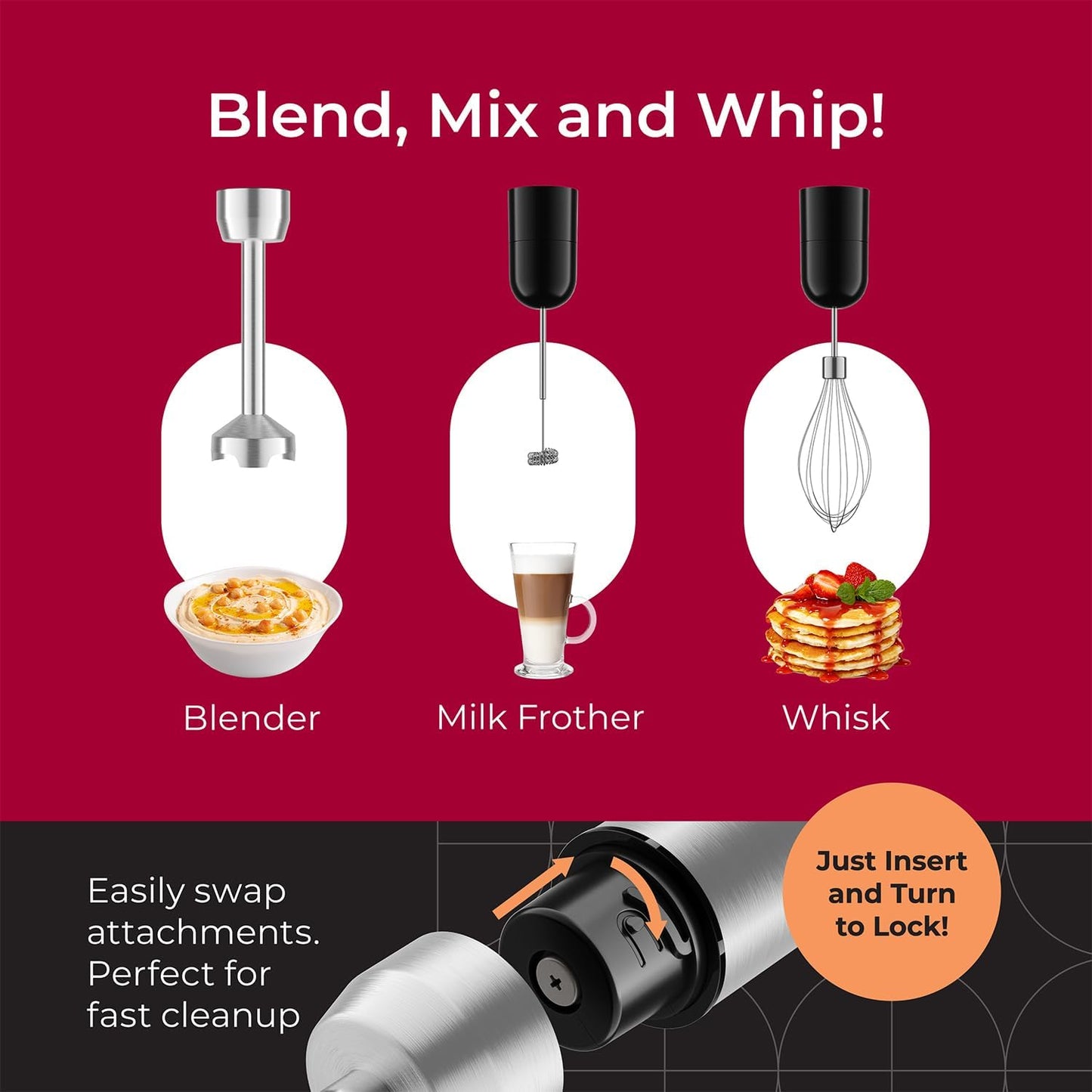 living Hand Blender, Immersion Blender, Hand Mixer with Attachments: Stainless Steel Blade, Whisk, Milk Frother