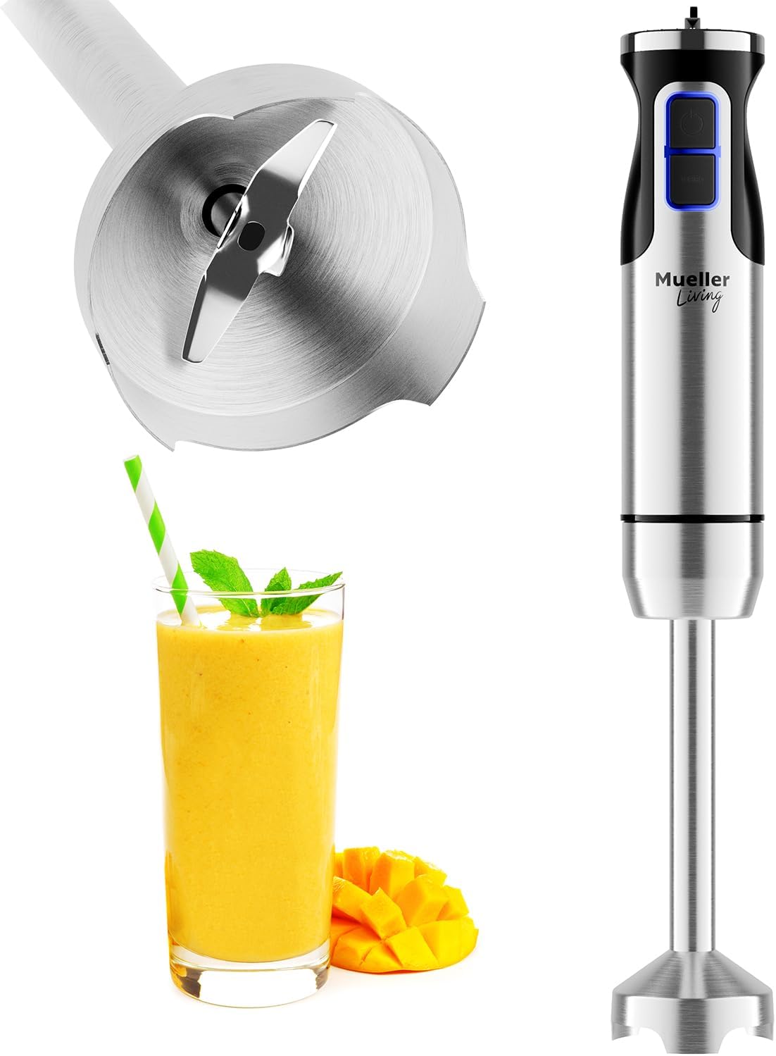 living Hand Blender, Immersion Blender, Hand Mixer with Attachments: Stainless Steel Blade, Whisk, Milk Frother