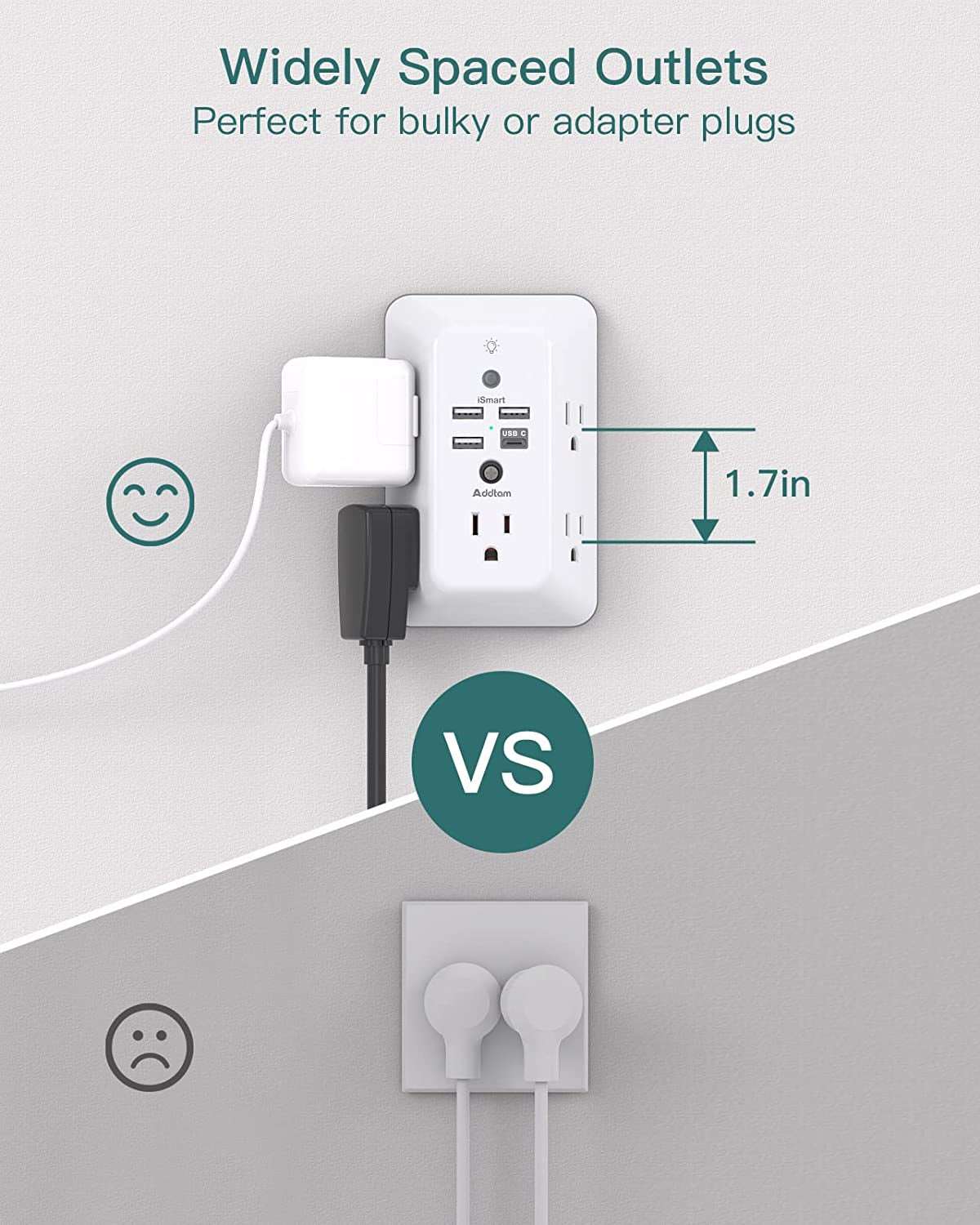 Surge Protector, Outlet Extender with Night Light,  5-Outlet Splitter and 4 USB Ports(1 USB C), USB Wall Charger Power Strip, Multi Plug Outlet for Home Office Essencials