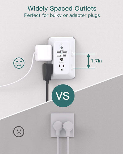 Surge Protector, Outlet Extender with Night Light,  5-Outlet Splitter and 4 USB Ports(1 USB C), USB Wall Charger Power Strip, Multi Plug Outlet for Home Office Essencials