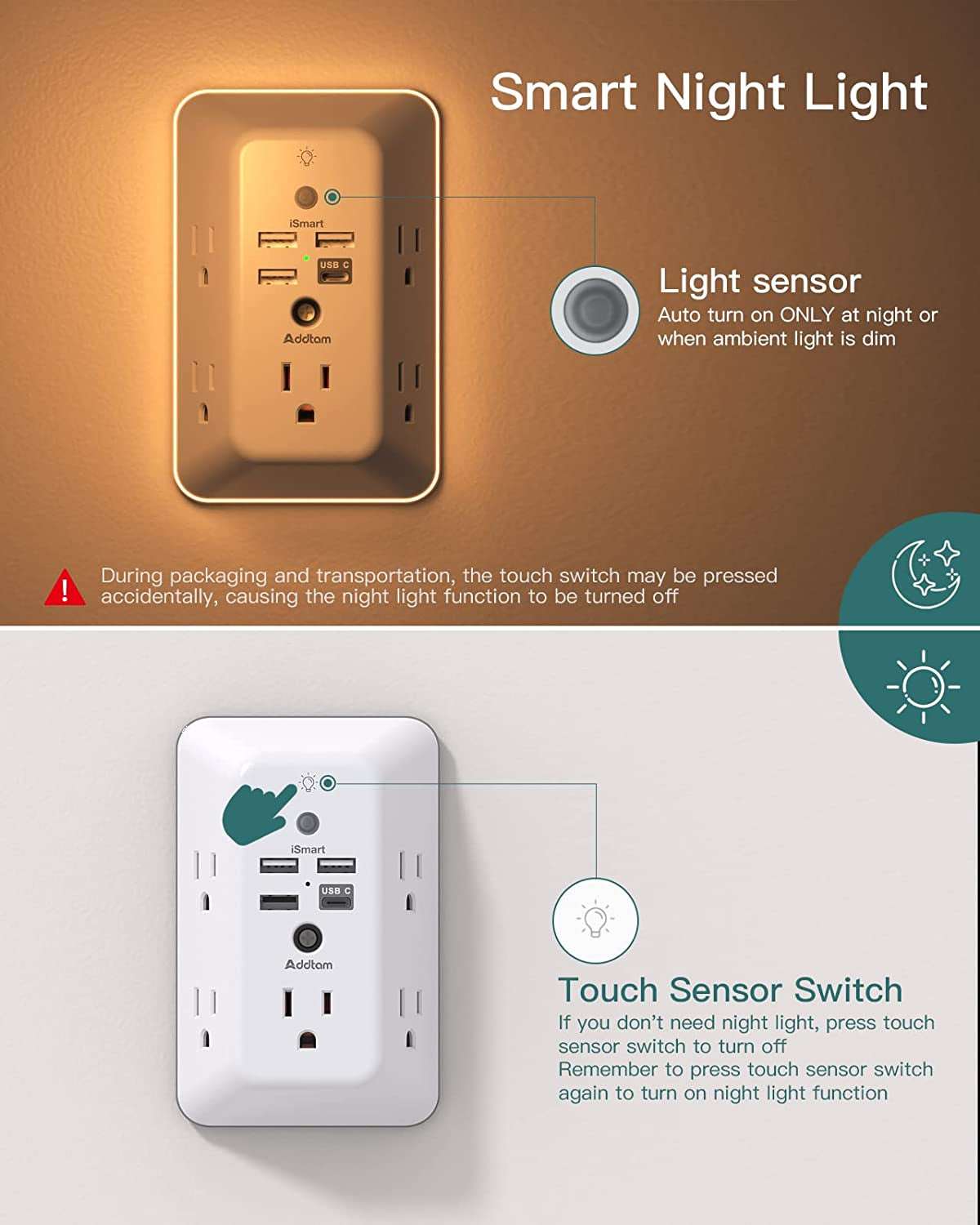 Surge Protector, Outlet Extender with Night Light,  5-Outlet Splitter and 4 USB Ports(1 USB C), USB Wall Charger Power Strip, Multi Plug Outlet for Home Office Essencials