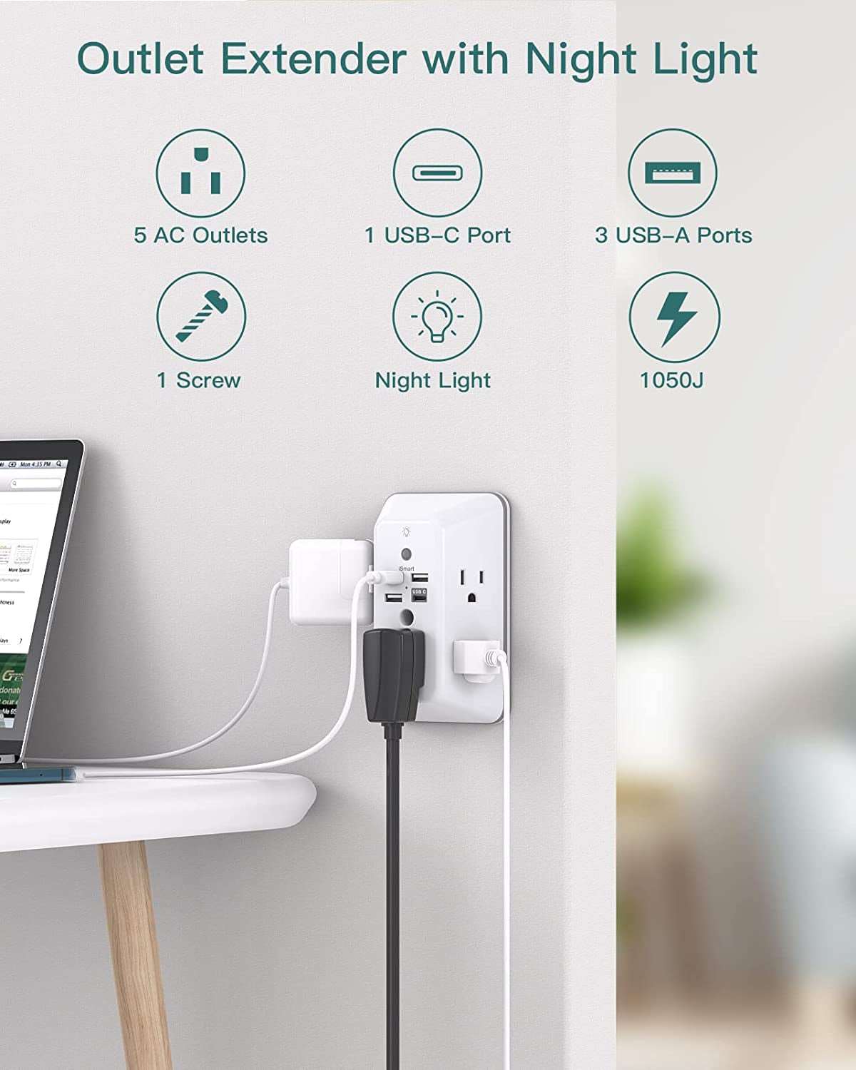 Surge Protector, Outlet Extender with Night Light,  5-Outlet Splitter and 4 USB Ports(1 USB C), USB Wall Charger Power Strip, Multi Plug Outlet for Home Office Essencials