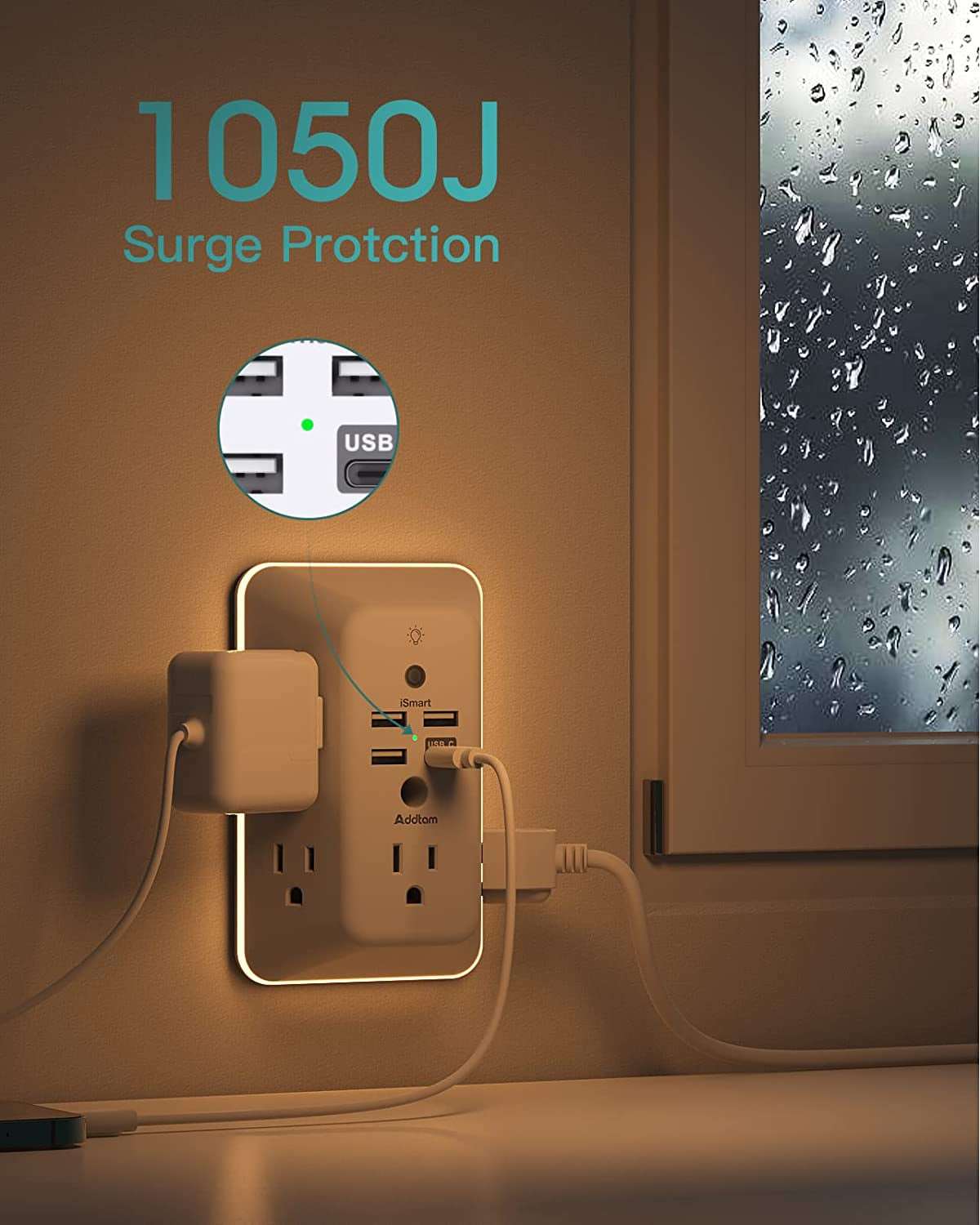 Surge Protector, Outlet Extender with Night Light,  5-Outlet Splitter and 4 USB Ports(1 USB C), USB Wall Charger Power Strip, Multi Plug Outlet for Home Office Essencials